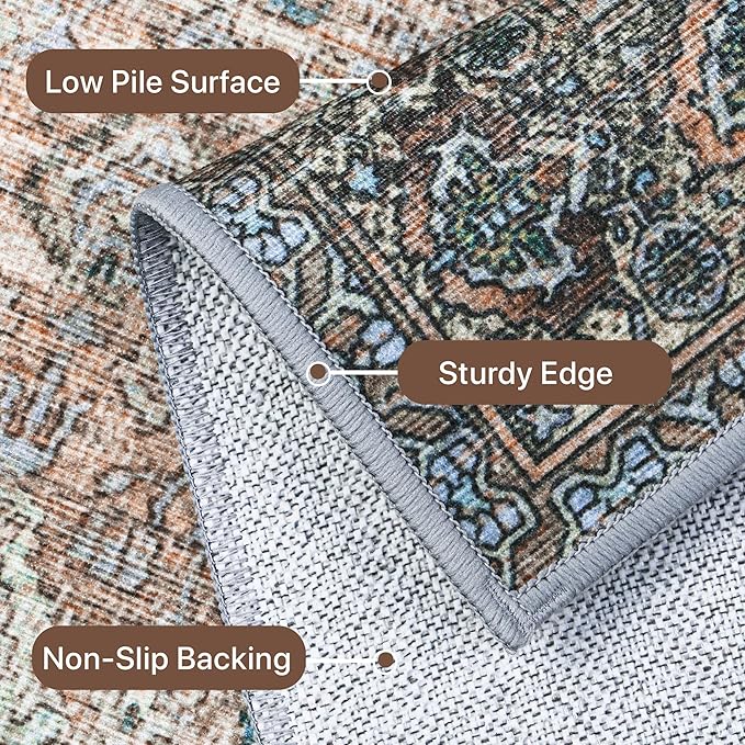 6X9 Area Rugs Machine Washable Rugs for Living Room, Vintage Boho Large Rugs for Bedroom Dining Room, Non Slip Indoor Soft Distressed Lightweight Thin Low Pile Carpet, Vintage Sunset