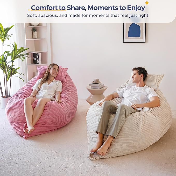 MAXYOYO Giant Bean Bag Chair with Pillow, 3 in 1 Convertible Bean Bag Chair for Adults with Washable Cover, Removable Floor Cushion Stuffed Floor Lounger for Living Room Bedroom, Pink, Full