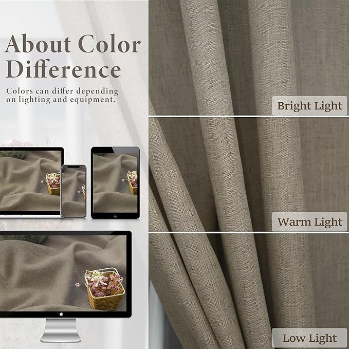Pitalk Taupe Short Linen Curtain Living Room Back Tab Rod Pocket Lightweight - Image 3