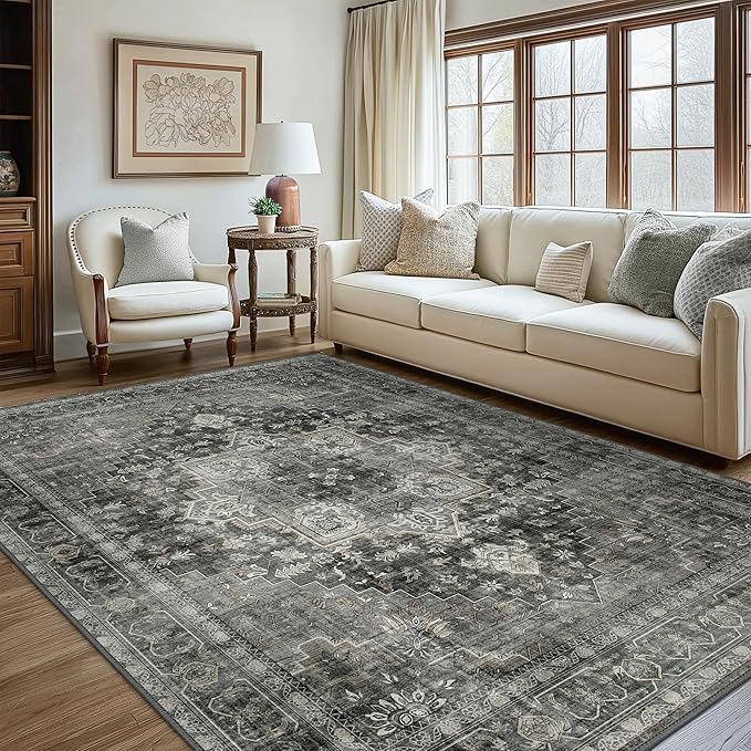 GENIMO 8x10 Area Rugs for Living Room, Machine Washable Non Slip Vintage Rugs, Low Pile Lightweight Chenille Print Rug for Bedroom, Dining Room, Home Office, Charcoal Gray