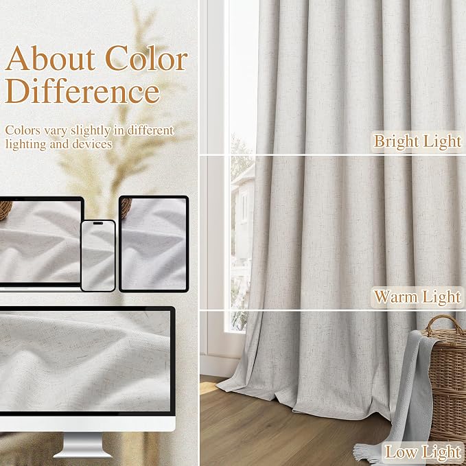 Guken 108 Inch Long Natural 100% Blackout Curtains - Image 7