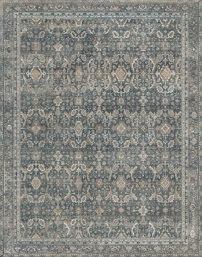 9X12 Area Rugs Machine Washable Rugs for Living Room, Vintage Boho Large Rugs for Bedroom Dining Room, Non Slip Indoor Soft Distressed Lightweight Thin Low Pile Carpet, Deep