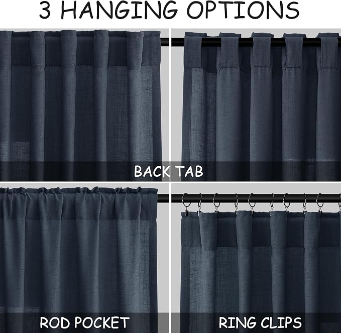 Nanspring Vintage Blue Linen Curtains 96 Inches Long 2 Panels Set - Image 2