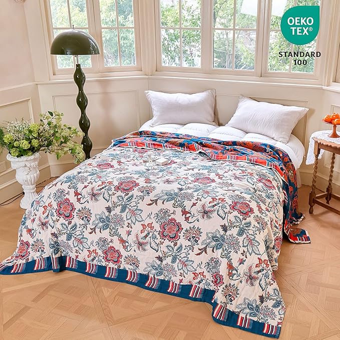 MSGKV Boho Throw Blanket 50"x60" 100% Cotton Floral Blanket - Image 6
