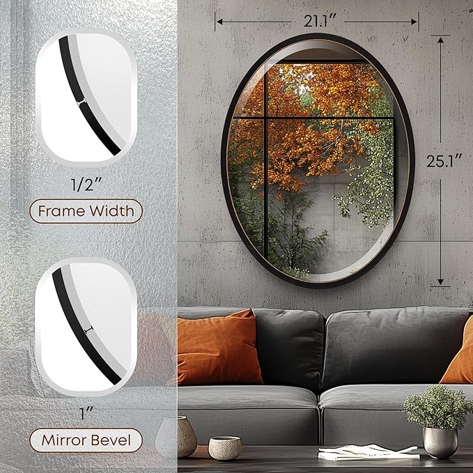 OVALCREST - Oval Wooden Beveled Wall Mirror for Home Decor, Bathroom, Vanity, Bedroom, Living Room, Hallway - London Style (Rubbed Black) 21.1 x 25.1
