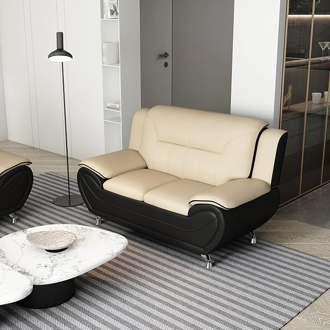 Container Furniture Direct Michael Modern Faux Leather Upholstered Stainless Steel Legs Living Room Loveseat, Black Camel