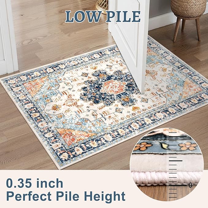 Tangsoo 3x5 Rug for Bedroom, Washable Vintage Rugs Indoor, Non Slip Accent Rug, Print Distressed Blue/Beige Carpet, Soft Low Pile for Living Room Dorm Bedroom Bedside Entryway Bathroom