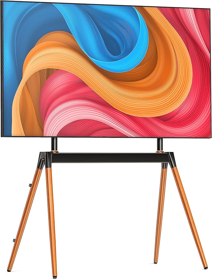 Easel TV Stand for 32-86 Inch LCD LED Flat or Curved Screen up to 132 lbs, Height Adjustable Tripod TV Floor Stand with Wood Legs and Cable Ties