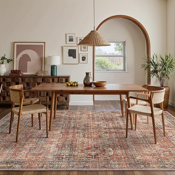GENIMO 4x6 Area Rugs for Living Room, Machine Washable Non Slip Vintage Rugs, Low Pile Lightweight Chenille Print Rug for Bedroom, Dining Room, Home Office, Terracotta Indigo