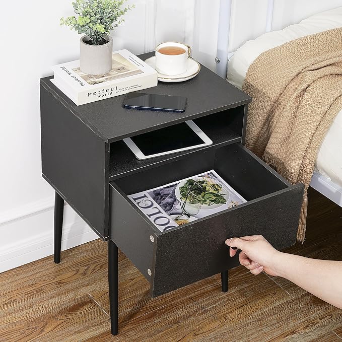 VECELO Modern Wood Night Stand,Square End Table Side Table with Drawer and Storage Space Gray Bedside Table for Bedroom Living Room Office