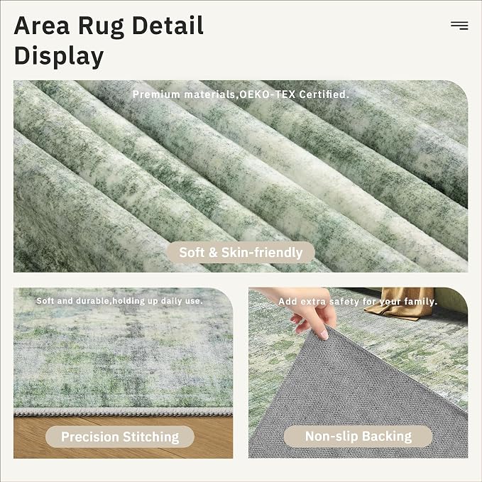 5x8 Area Rugs Green/Ivory Low Pile Indoor Washable Trendy Faded Style Rugs - Image 6