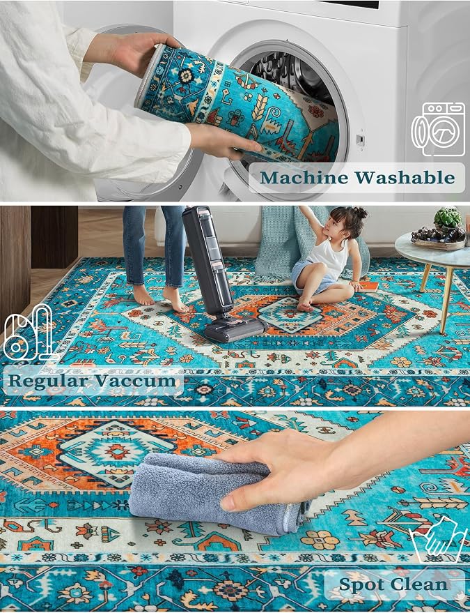 SERISSA Boho Washable Runner Rug, 2x5 Rug Runner Non-Slip Vintage Blue Hallway - Image 3