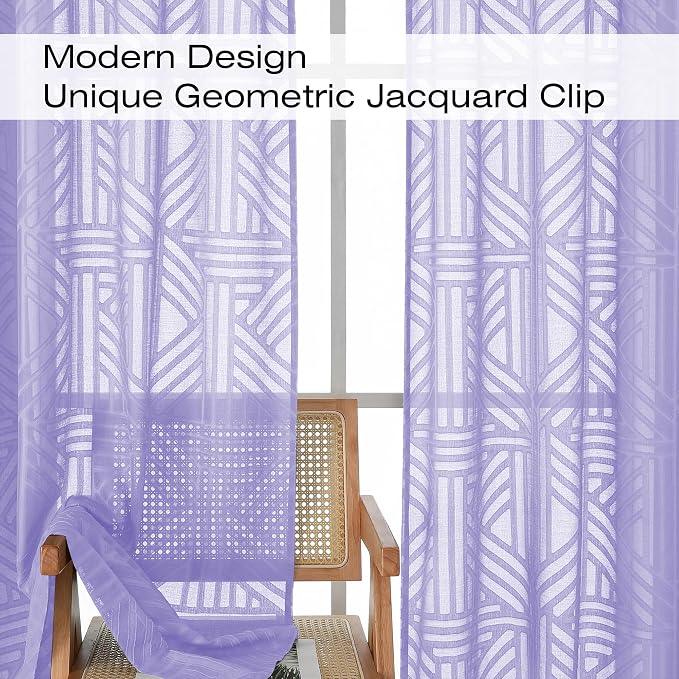 Simplebrand Lavender Semi Sheer Curtains 45 Inch Length 2 Panels, Geometric - Image 3