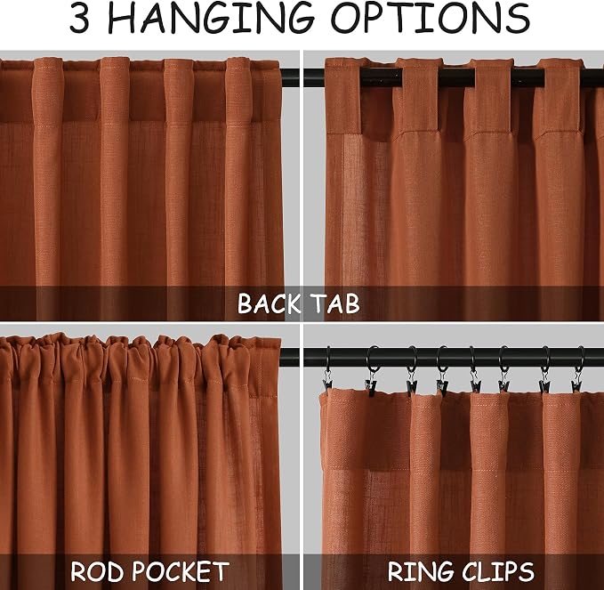Linen Blend Terracotta Curtains 96 inches Long 2 Panel Back Tab Rod Pocket - Image 3