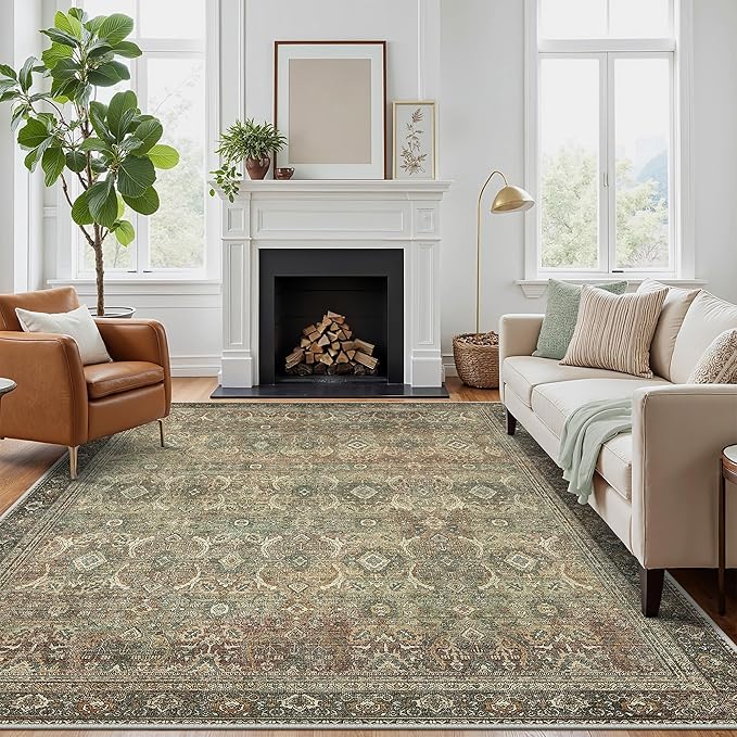 8X10 Area Rugs Machine Washable Rugs for Living Room, Vintage Boho Large Rugs for Bedroom Dining Room, Non Slip Indoor Soft Distressed Lightweight Thin Low Pile Carpet, Green Faded Red
