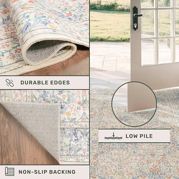 Vintage Washable Beige Blue 10x14 Rug - Image 6