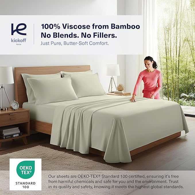 Kickoff Viscose Bamboo Sheets Twin XL Size 3-pc 100% Organic Bamboo Viscose Bed Cooling Sheets Twin XL Size Set Cool Bedding for hot Sleepers Sheet, Flat, Fitted, Pillowcase (Soft Sage, TXL)