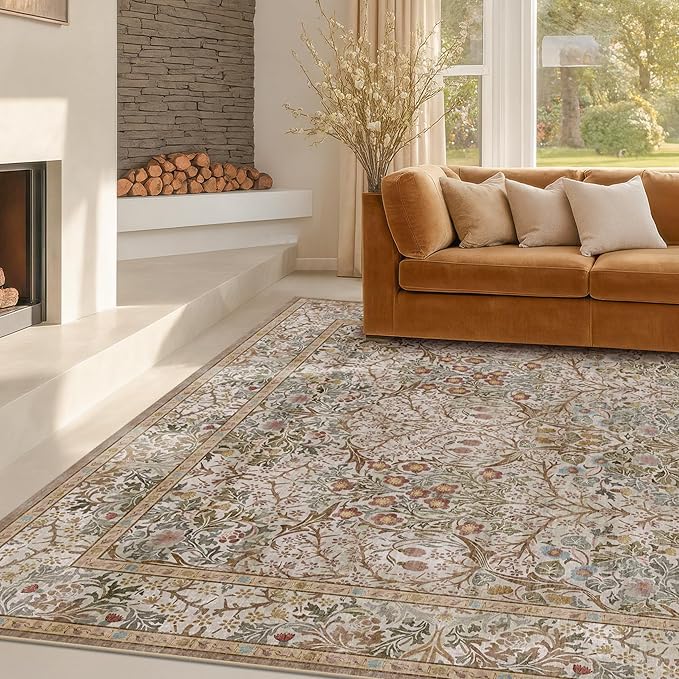Hazo Haus Vintage Moss Green Living Room Rug, 7x10 Washable Large Area Rugs - Image 8