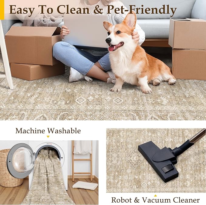 2x8 Washable Runner Rug for Hallway Kitchen Vintage Beige Non Slip Low Pile - Image 4
