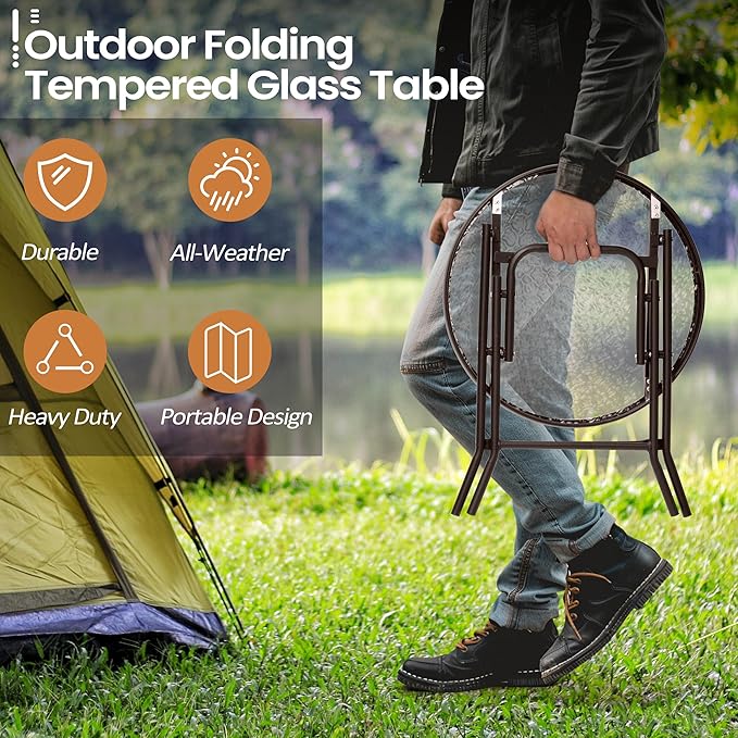 Foldable Side Table with Tempered Glass Top 18" Outdoor Folding Side Table Small Glass Patio Tables for Porch Yard Balcony Deck Lawn Dining Garden (Brown)