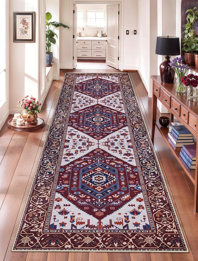 SERISSA Runner Rug for Hallways, Long Boho Rug Vintage Burgundy Navy Hallway by SERISSAHomeDecorCollection