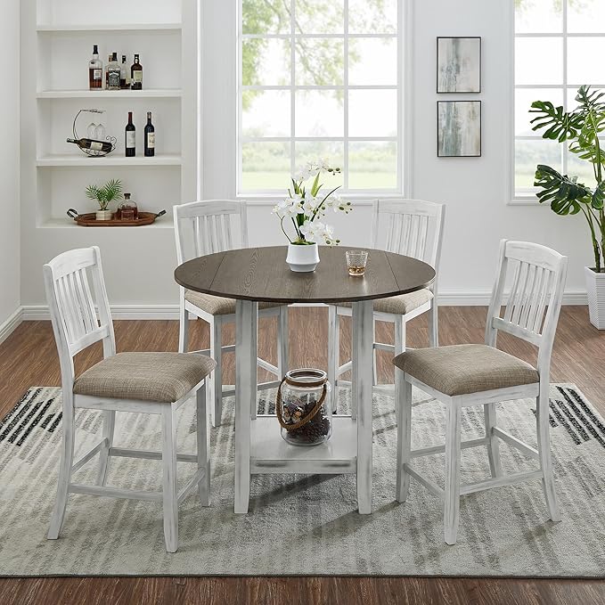 Ball & Cast 5 Pieces Dining Table Set with 4 Chairs and 42" Round Drop Leaf Dining Table,Kitchen Table and Chairs for 4 W/Trestle Table Base,for Small Space,Apartment,Dining Room,Brown White