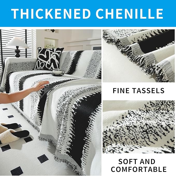 LUFEIJIASHI Boho Couch Covers for Sofa Non Slip Sofa Covers Washable Couch Covers for 3 Cushion Couch Sofa Pet Friendly Sectional Couch Cover Blanket Furniture Protector for Dogs (Black, 91"x134")