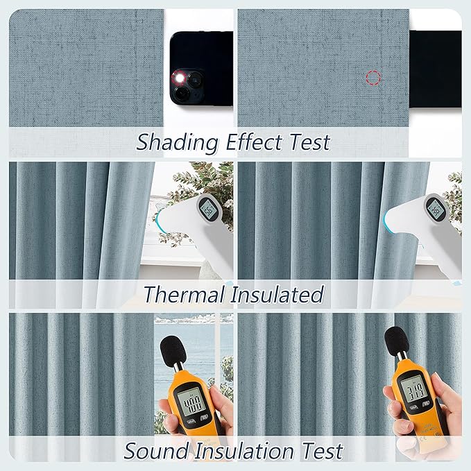 Guken Blue 100% Blackout Linen Curtains 120 Inch Length 2 Panels Set - Image 4