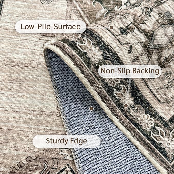 8X10 Area Rugs Machine Washable Rugs for Living Room, Vintage Boho Large Rugs for Bedroom Dining Room, Non Slip Indoor Soft Distressed Lightweight Thin Low Pile Carpet, Beige