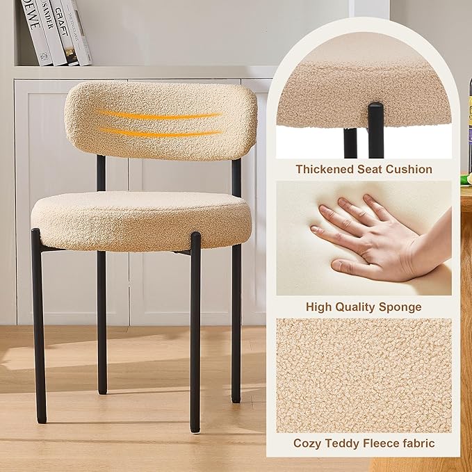 Boucle Dining Chairs, Kitchen Dining Room Chairs Curved Backrest Upholstered Mid Century Modern Dining Chairs (Beige, 2pcs)