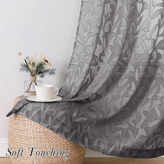 Lecloud Leia Jacquard Leaf Charcoal Grey Sheer Curtains - Image 7