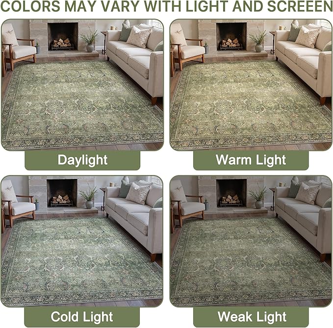 9X12 Area Rugs Machine Washable Rugs for Living Room, Vintage Boho Large Rugs for Bedroom Dining Room, Non Slip Indoor Soft Distressed Lightweight Thin Low Pile Carpet, Green