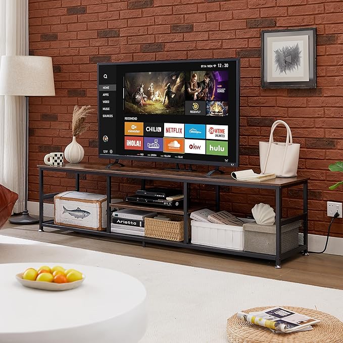 VECELO TV Stand with Power Outlets for Televisions up to 80 Inch,70" Media Entertainment Center with Charging Station 3-Tier Open Storage Shelves with Metal Frame for Living Room/Bedroom，Brown