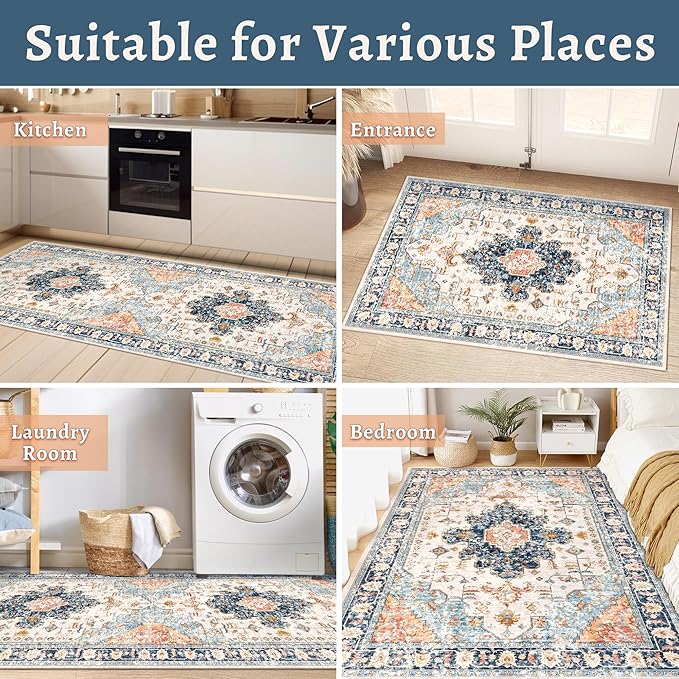 Tangsoo 5x7 Area Rug Washable Rug for Living Room, Vintage Rug Indoor Non Slip Large Area, Print Distressed Blue Carpet, Soft Low Pile Foldable Floor for Bedroom Dining Room Dorm