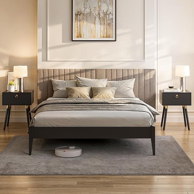 Bme Dinkee King Platform Bed Frame Wood 15 Inch - Solid Wood Bed Frame - Modern & Minimalist Style - 12 Strong Wood Slat Support - Easy Assembly - No Box Spring Needed - Black