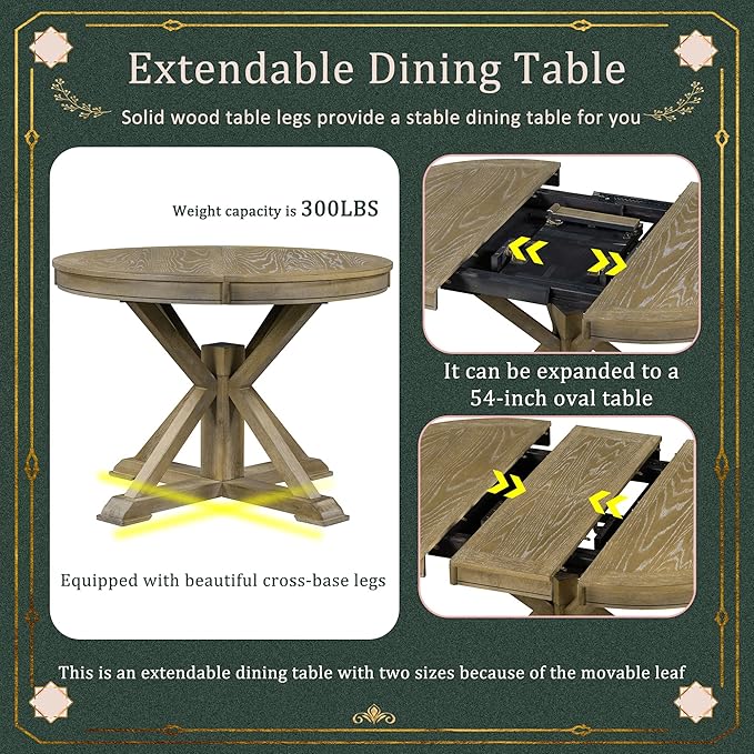 SogesPower 5-Piece Round Farmhouse Retro Dining Table Set for 4, Space-Saving Kitchen Table Set with Extendable Table and 4 Upholstered Chairs for Dining Room Living Room,Natural Wood