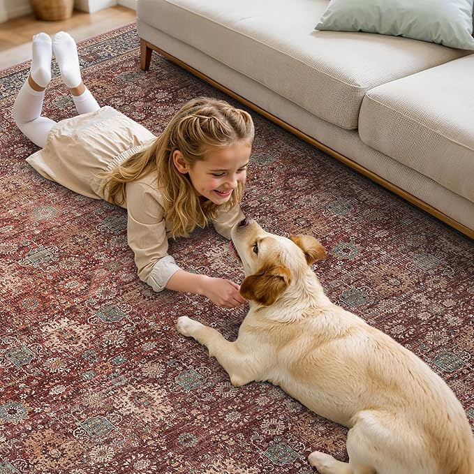 8X10 Area Rugs Machine Washable Rugs for Living Room, Vintage Boho Large Rugs for Bedroom Dining Room, Non Slip Indoor Soft Distressed Lightweight Thin Low Pile Carpet, Red Brown