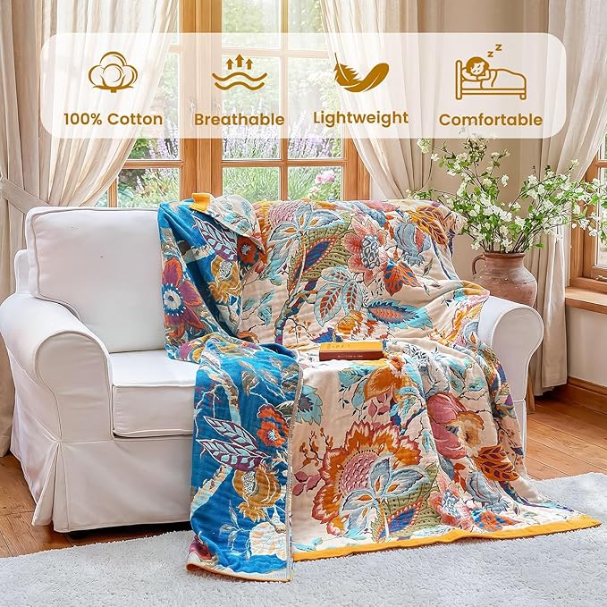 MSGKV Boho Throw Blanket 90"x108" Floral Cotton Blanket - Image 2