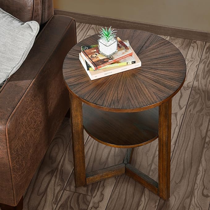 MODERION Round End Table, Rustic Side Table with Storage Shelf, Classic Circular Solid Wood Beside Table, 2-Tier Telephone Table, Nightstand, 24”H x 19.3”D for Living Room Vintage Brown BZ3338NC