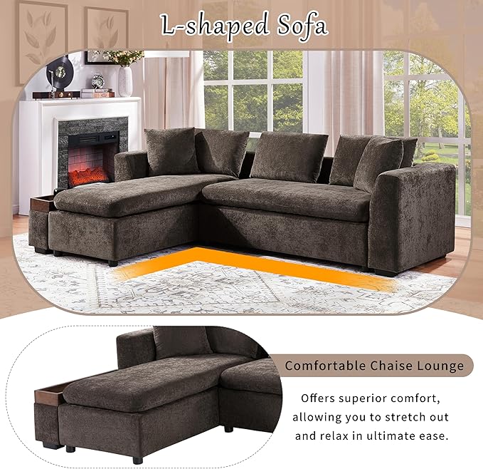 Ball & Cast Modular L-Shaped Sectional Sofa with Storage - 93.8" Chenille Fabric Couch, Deep Seating & Matching Pillows, Modern Living Room Furniture,Brown