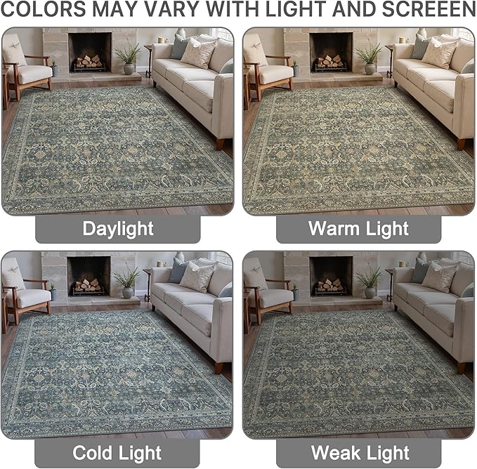 6X9 Area Rugs Machine Washable Rugs for Living Room, Vintage Boho Large Rugs for Bedroom Dining Room, Non Slip Indoor Soft Distressed Lightweight Thin Low Pile Carpet, Deep
