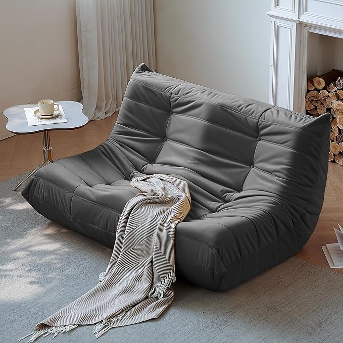 Bean Bag Chair, Loveseat Fireside Chair Bean Bag Sofa for Adults, 2 Seater Bean Bag Chairs for Teens with High-Resilience Foam, Memory Foam Bean Bag for Living Room, Bedroom, Office (Suede, Dark Gray)