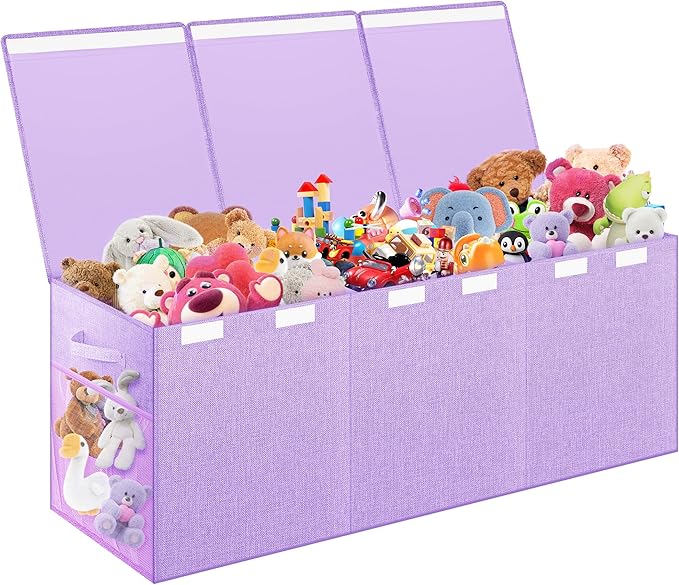 Extra Large Toy Box, Toy Chest for Kids Boys Girls, Collapsible Sturdy Storage Organizer with Mesh Pockets, 40"x14"x16" Kids Box Bins Baskets for Nursery, Playroom, Purple