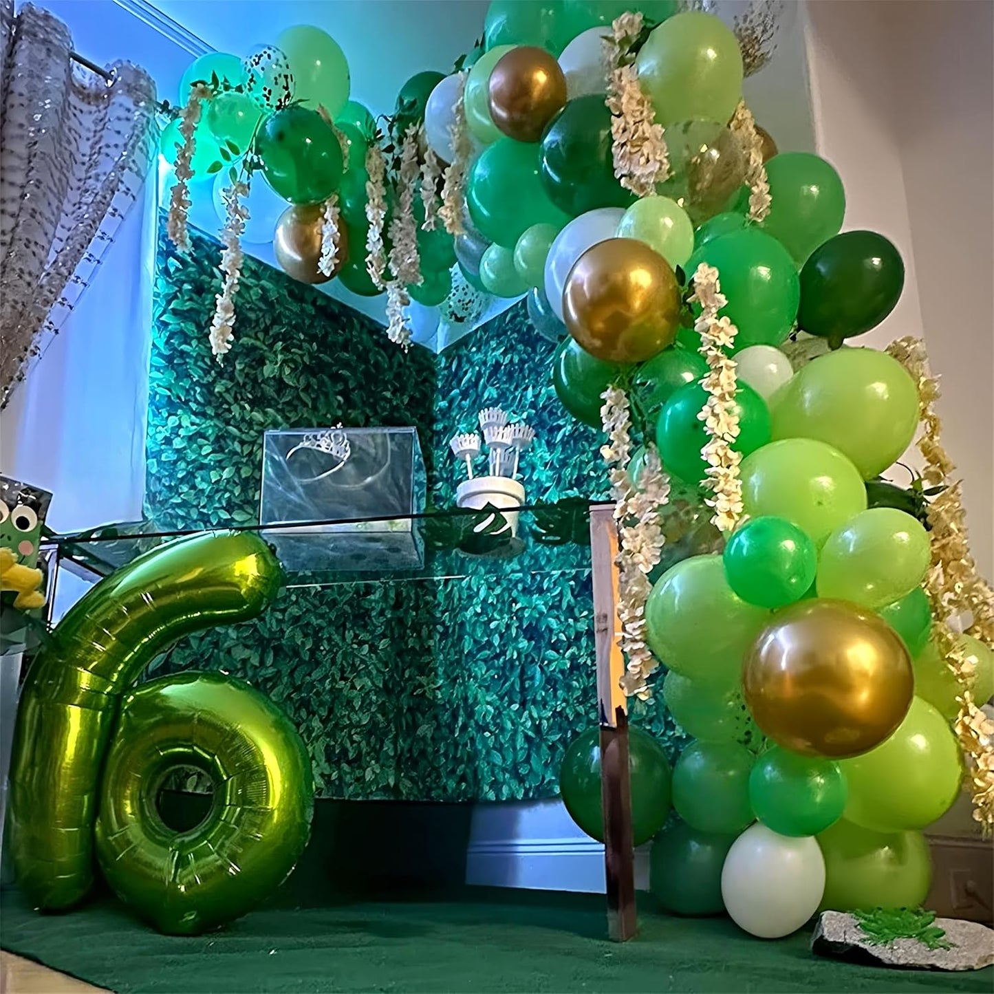 Green Gold Balloons Set, Dark Green Pearl Lime Green Metallic Gold White with Confetti Latex Balloons, Light Green Gold White Balloon for Jungle Dinosaur Birthday Baby Shower Wedding Party Decorations