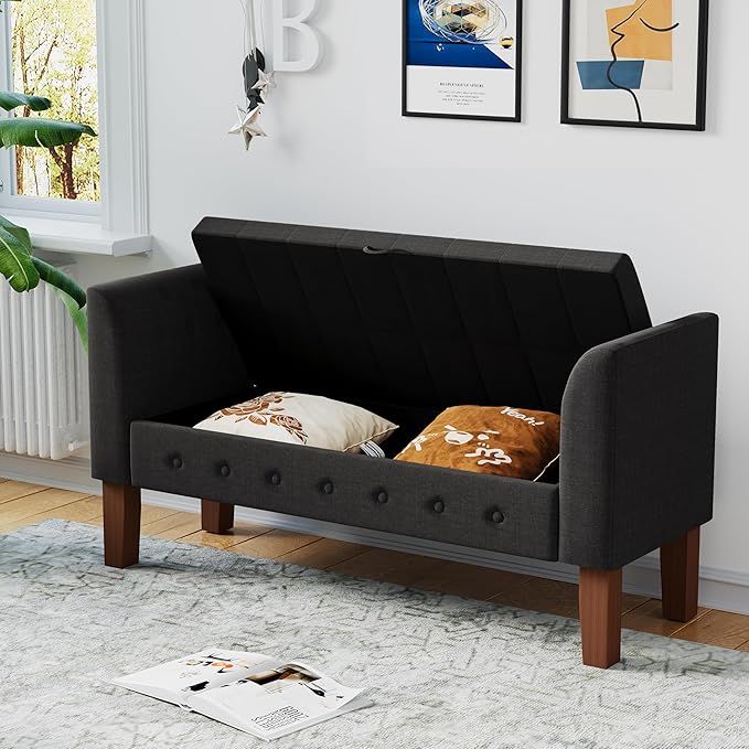 Awonde Storage Bench for Bedroom End of Bed Button Tufted Upholstered Bench Storage Ottoman Bench with Arms 52" Settee Bench Gray Linen