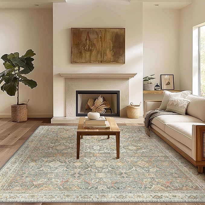 6X9 Area Rugs Machine Washable Rugs for Living Room, Vintage Boho Large Rugs for Bedroom Dining Room, Non Slip Indoor Soft Distressed Lightweight Thin Low Pile Carpet, Turmeric