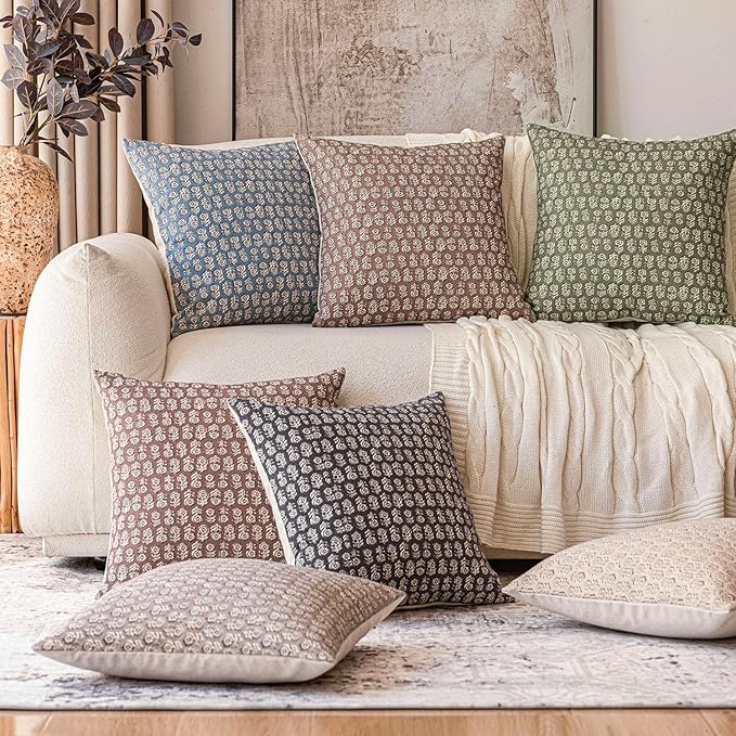 Foindtower Set of 2 Decorative Vintage Floral Print Throw Pillow Covers Neutral Modern Farmhouse Cushion Covers Boho Home Decor for Sofa Couch Chair Bedroom Living Room Outdoor,22×22 Inch,Sage Green