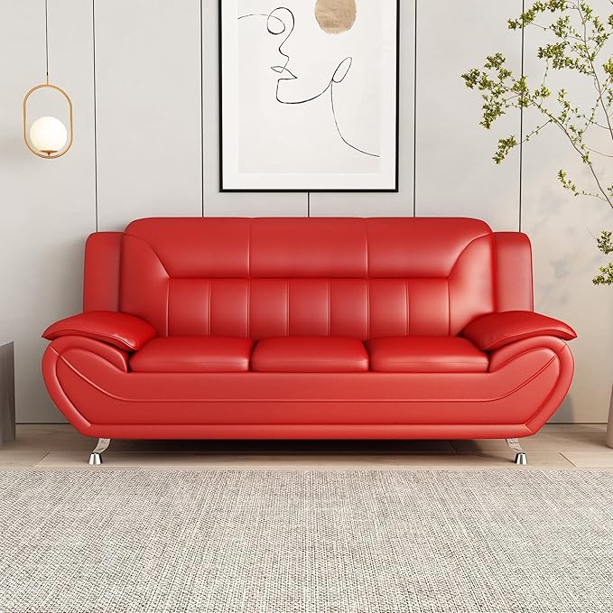 Container Furniture Direct Michael Modern Faux Leather Upholstered Stainless Steel Legs Living Room Loveseat, Red