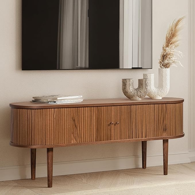WERMO 55'' TV Stand with Storage and Shelves for 32-60 inch TV. Wood Entertainment Center with Doors for Living Room and Bedroom, Mid Century Modern Console Table, Television Stand (Walnut)
