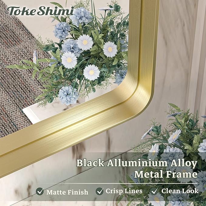 TokeShimi Gold Bathroom Mirror for Wall 24 x 36 Inch Metal Rounded Corner Rectangle Mirror Wall Mirror Metal Frame Deep Set Design Hangs Horizontal Or Vertical Rustic Mirror